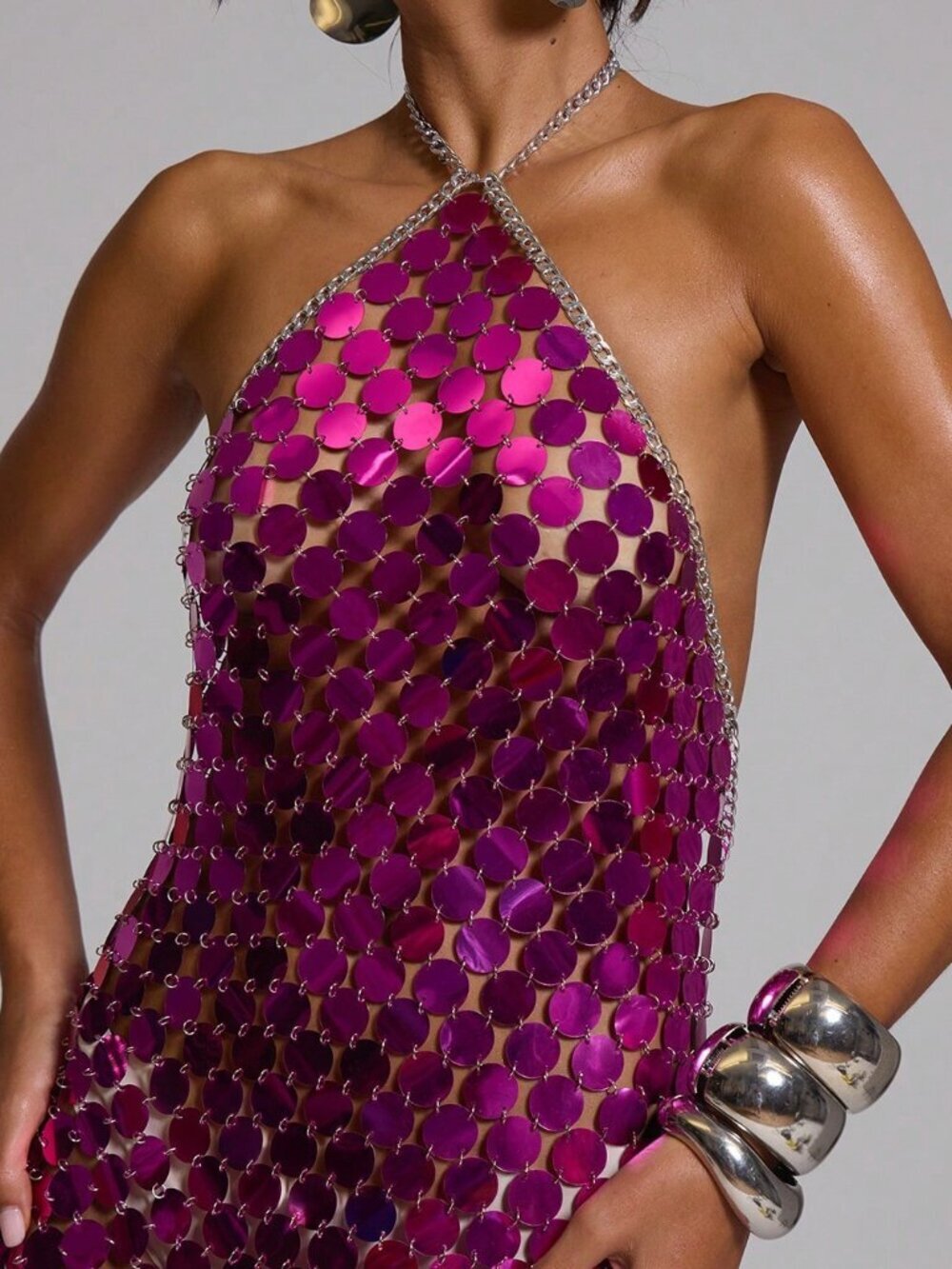Purple Elegant Women's Disc Sequin Halterneck Mini Dress - Picture 3 of 6